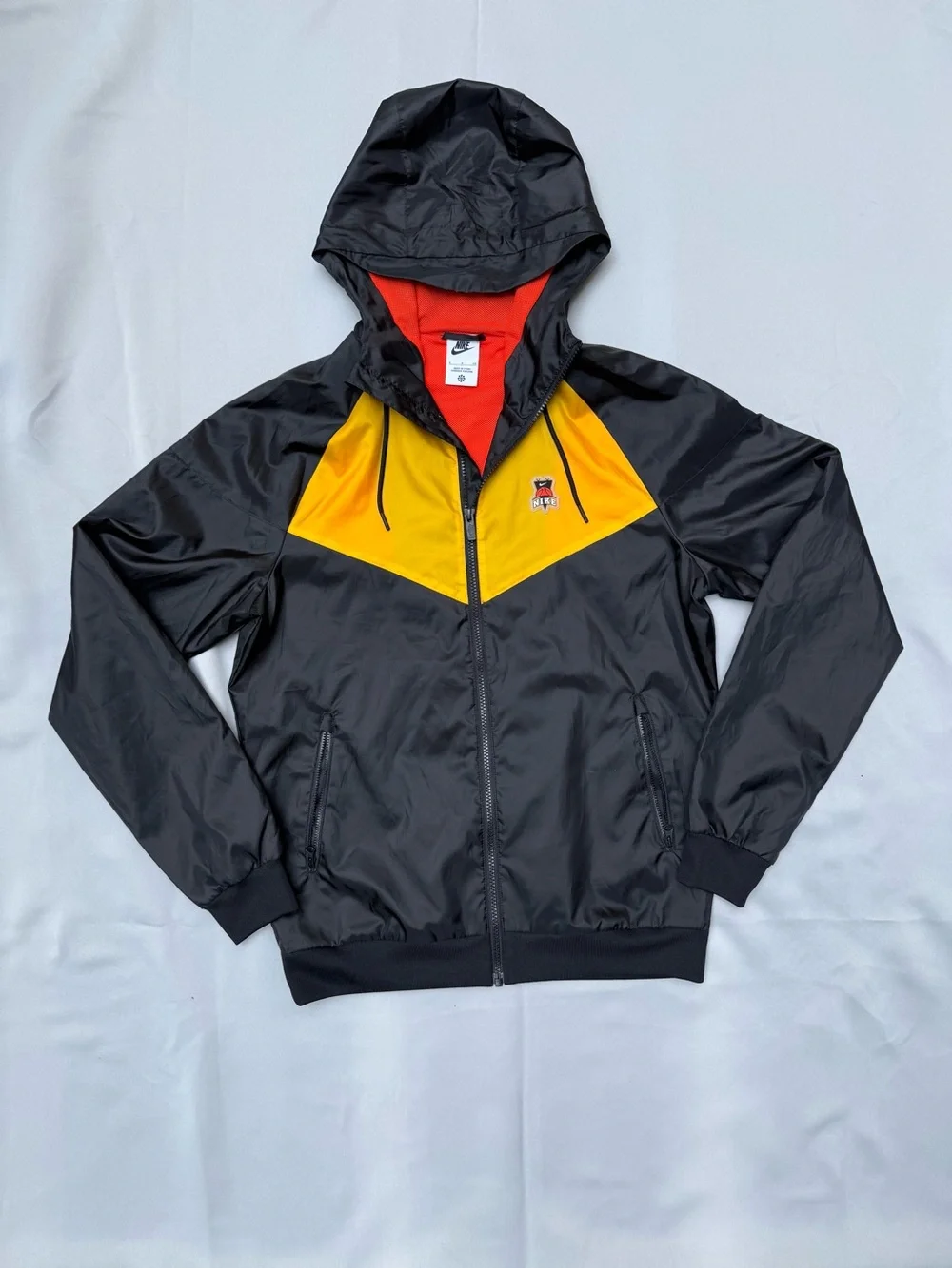 Nike Black and Yellow Hooded Windbreaker with Red Lining